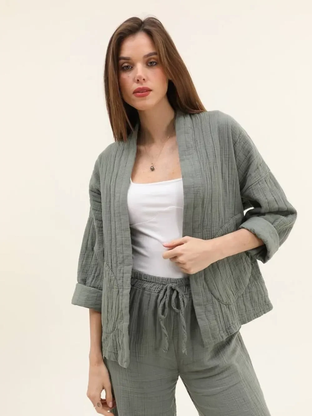 Moonsun Italian Gauze Cotton Olive Open Jacket open front pockets small